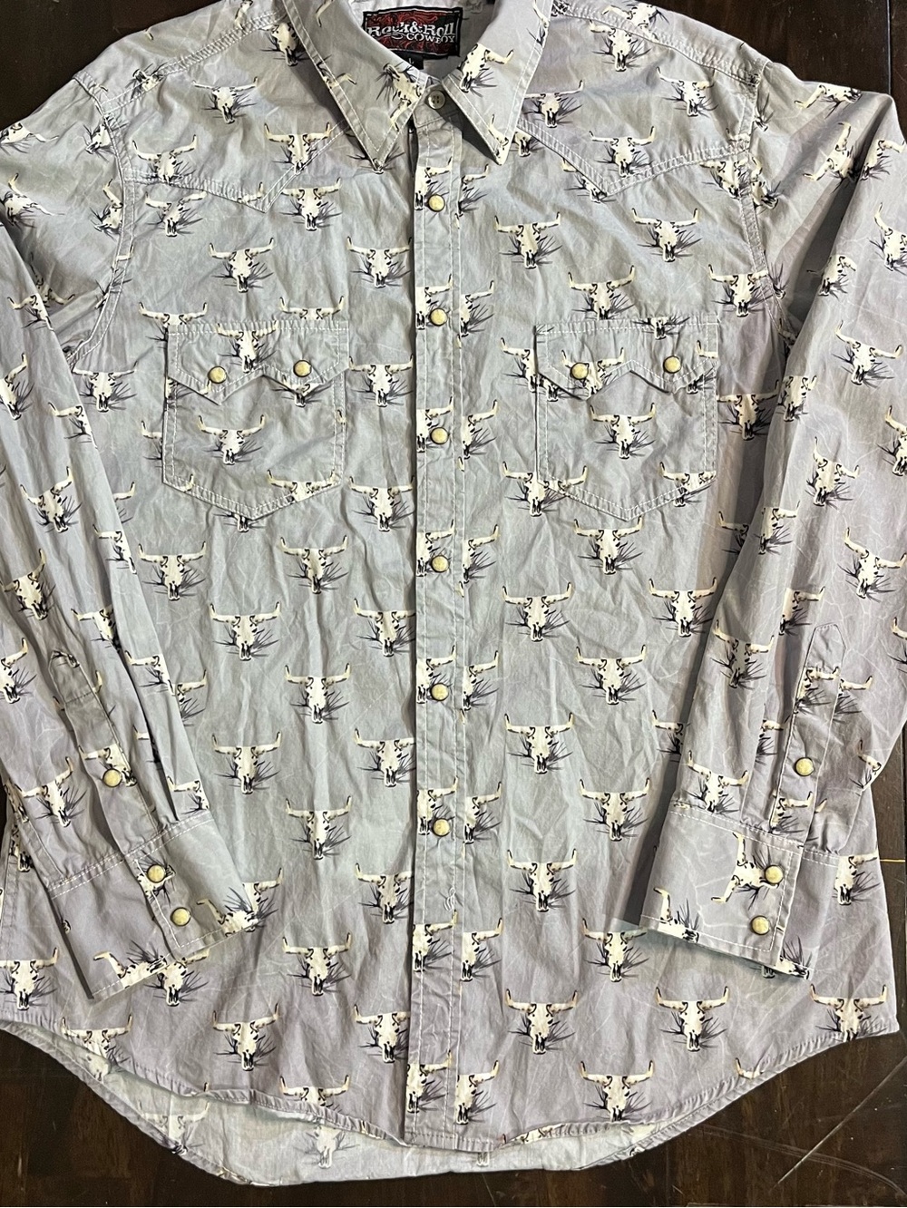 Rock & Roll Cowboy Western Steer Skull Pearl Snap Long Sleeve, Sz L